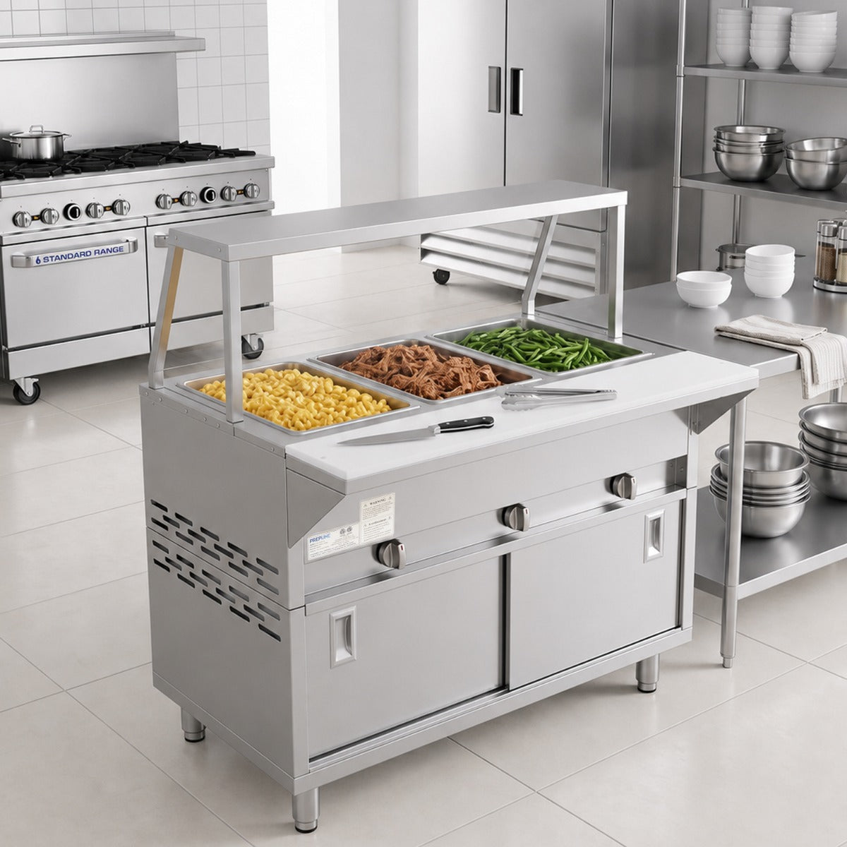 Prepline GSTC48-3S-SG gas steam table with sneeze guard, holding food pans in a kitchen