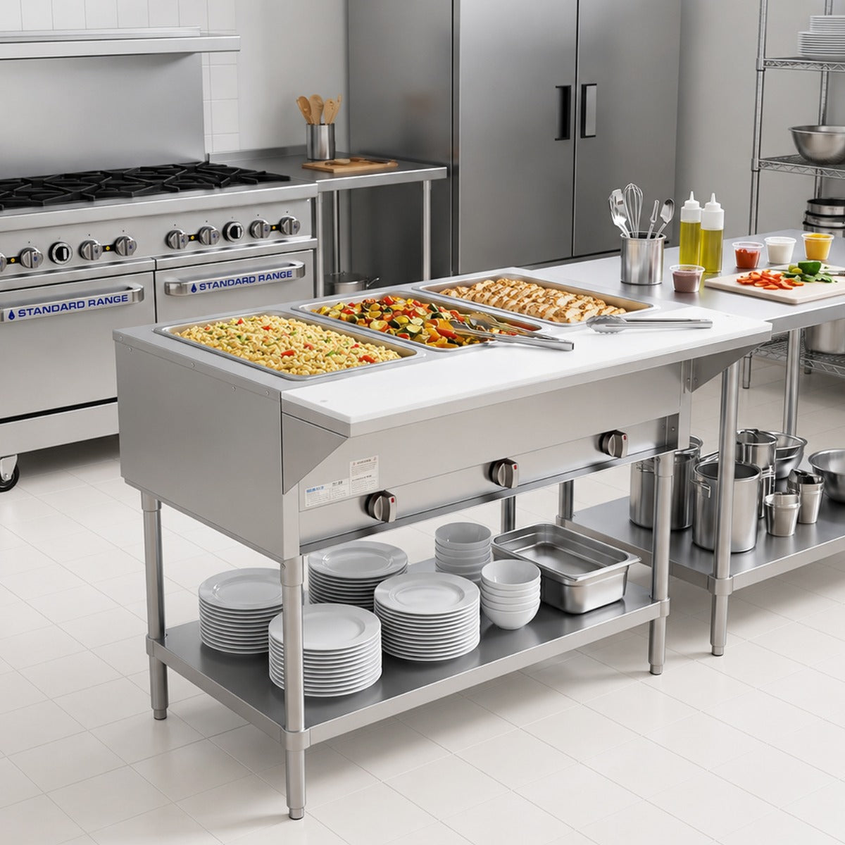 Prepline GST48-3O gas steam table, holding food in a commercial kitchen