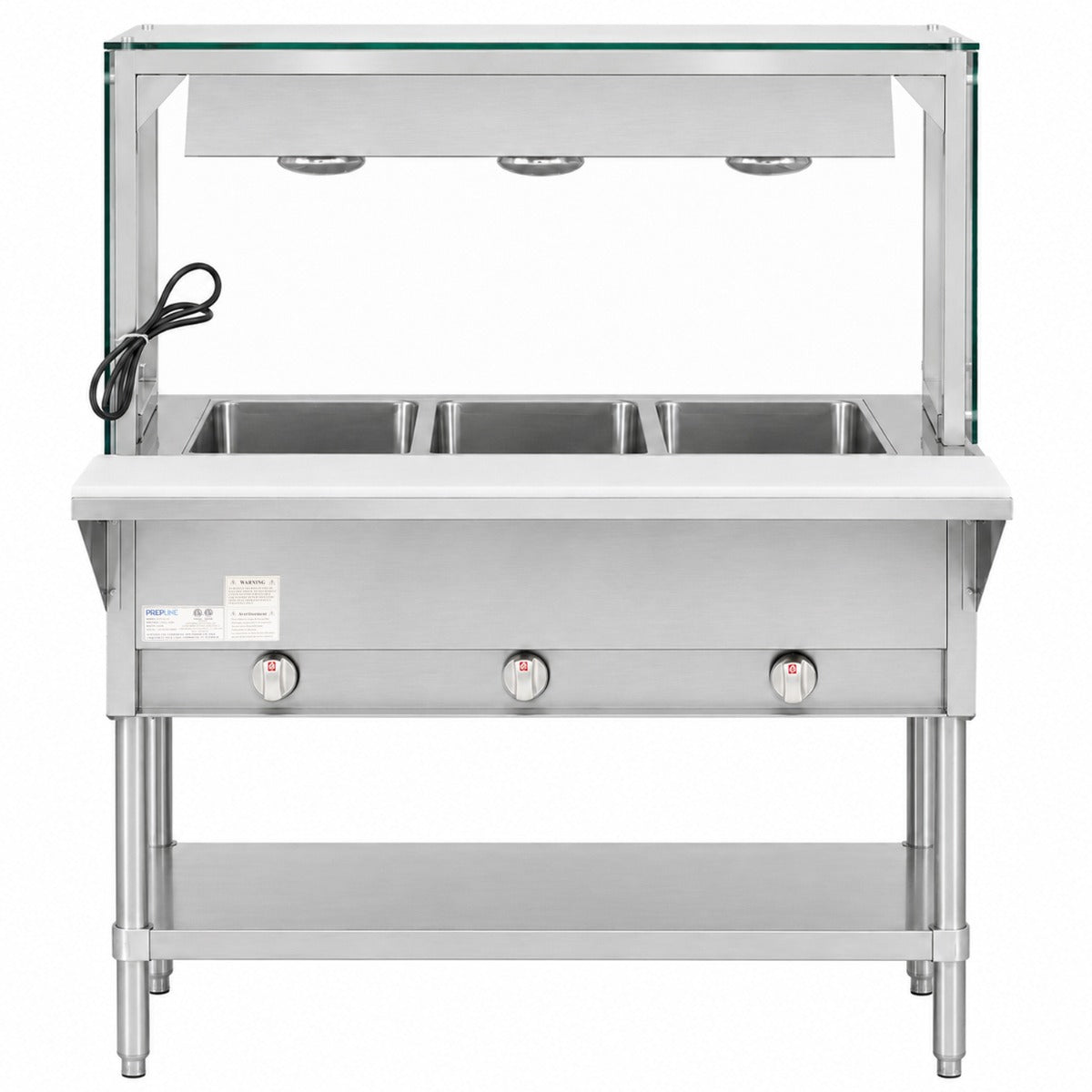 Prepline GST48-3O-LT gas steam table with lighted sneeze guard, front view