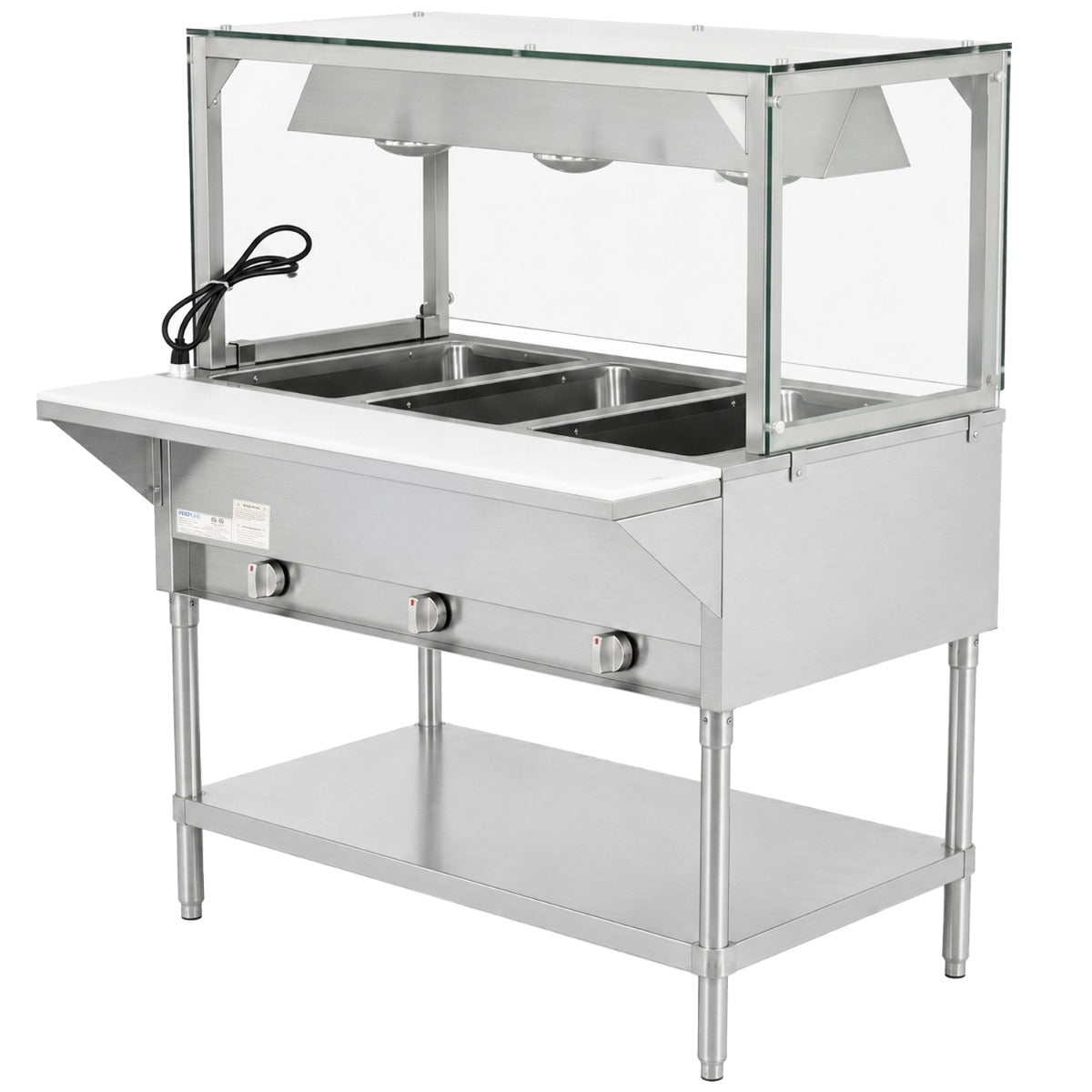 Prepline GST48-3O-LT gas steam table with lighted sneeze guard, angled front view