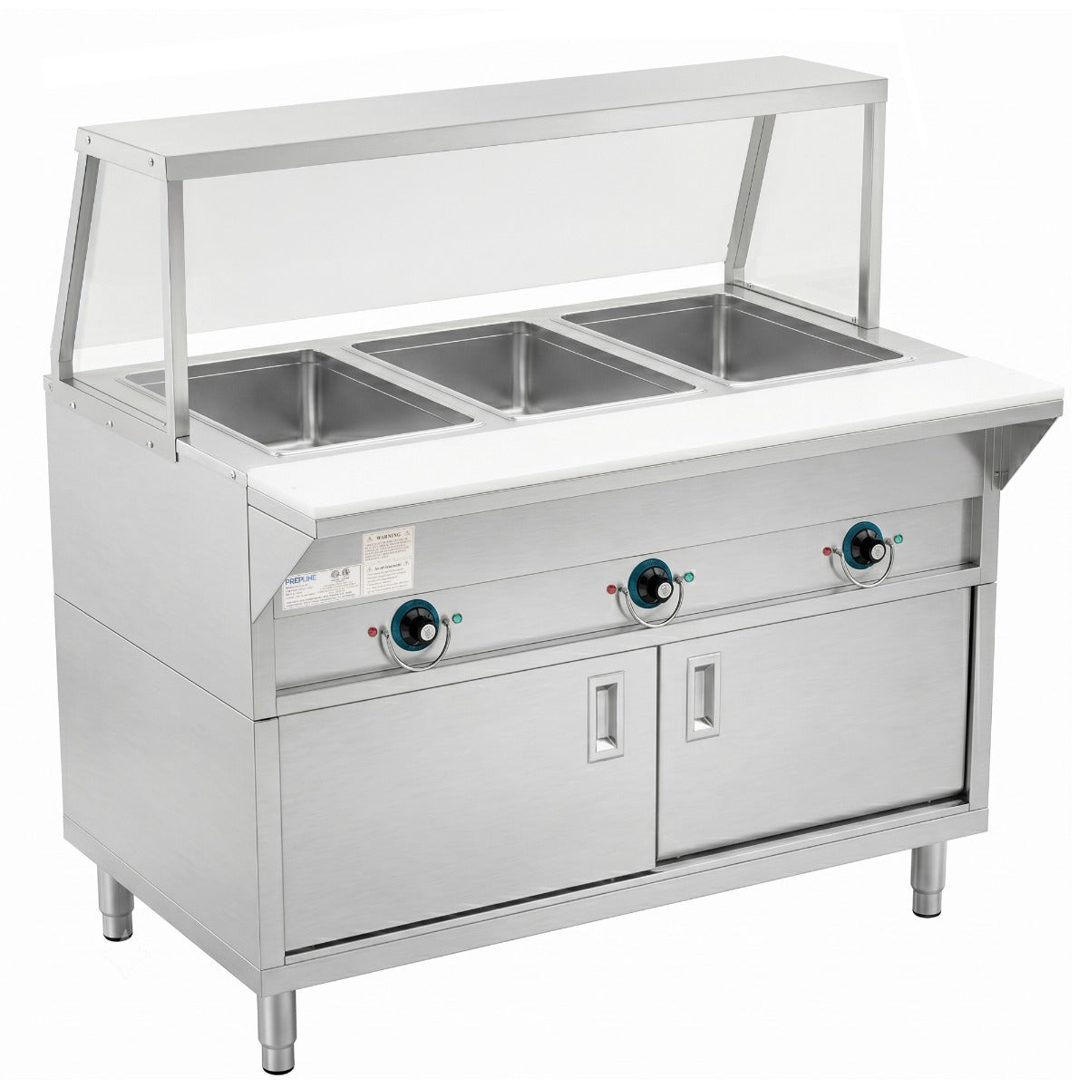 Prepline ESTC48-3S-SG electric steam table with sneeze guard, angled front view