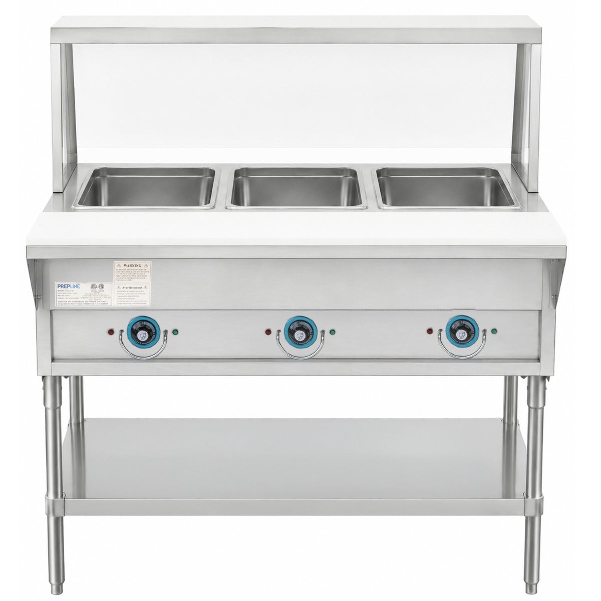 Prepline EST48-3O-SG electric steam table with sneeze guard, front view
