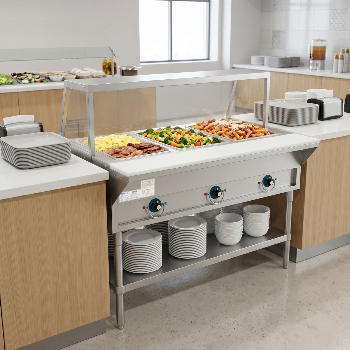 Prepline EST48-3O-SG electric steam table with sneeze guard, holding food on a serving line