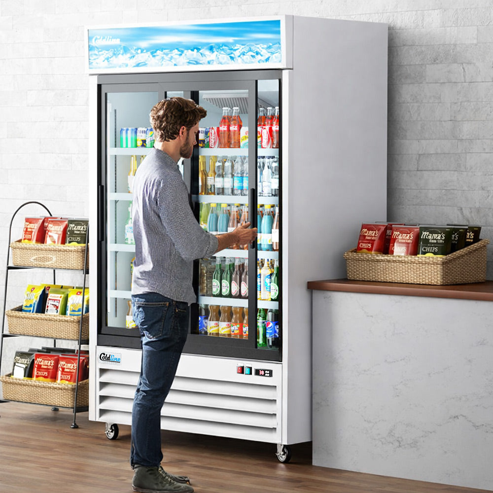 Coldline G53S-W 53" Double Glass Sliding Door Merchandiser Refrigerator with LED Lighting, White