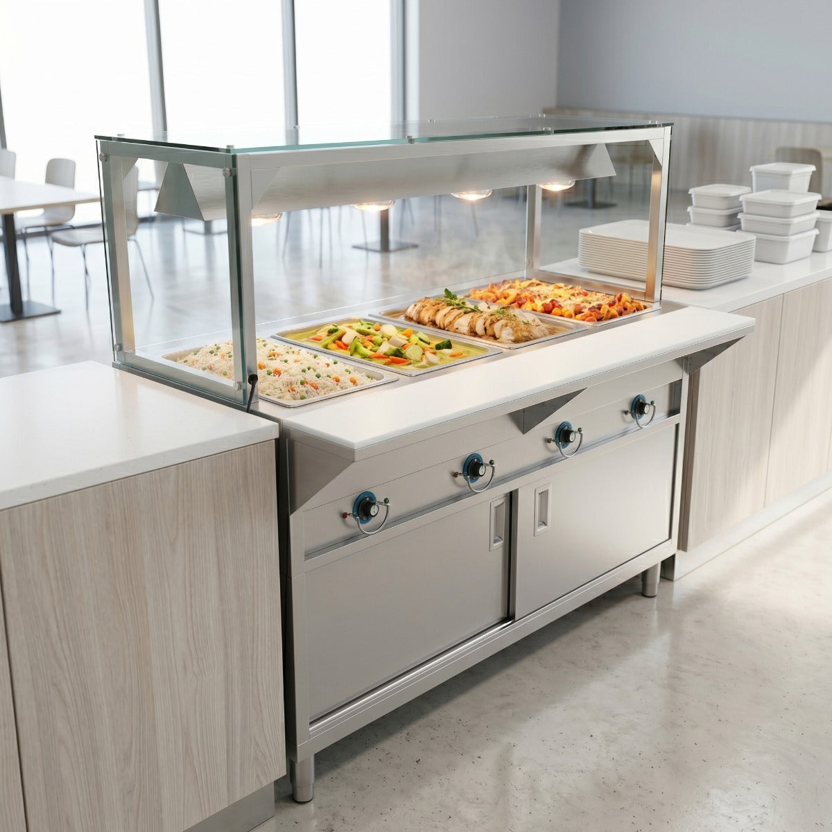 Prepline ESTC60-4S-LT-110 electric steam table with lighted sneeze guard, holding food on a serving line