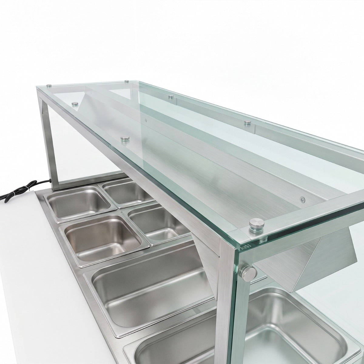 Prepline ESTC60-4S-LT-110 electric steam table with lighted sneeze guard, lighted sneeze guard over food pans, close-up (representative image)