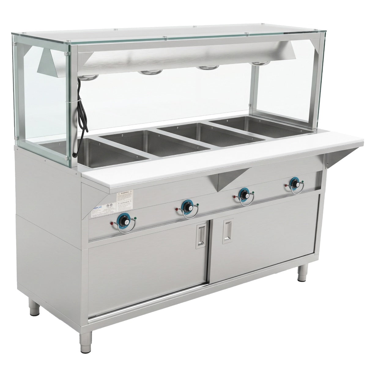 Prepline ESTC60-4S-LT-110 electric steam table with lighted sneeze guard, angled front view