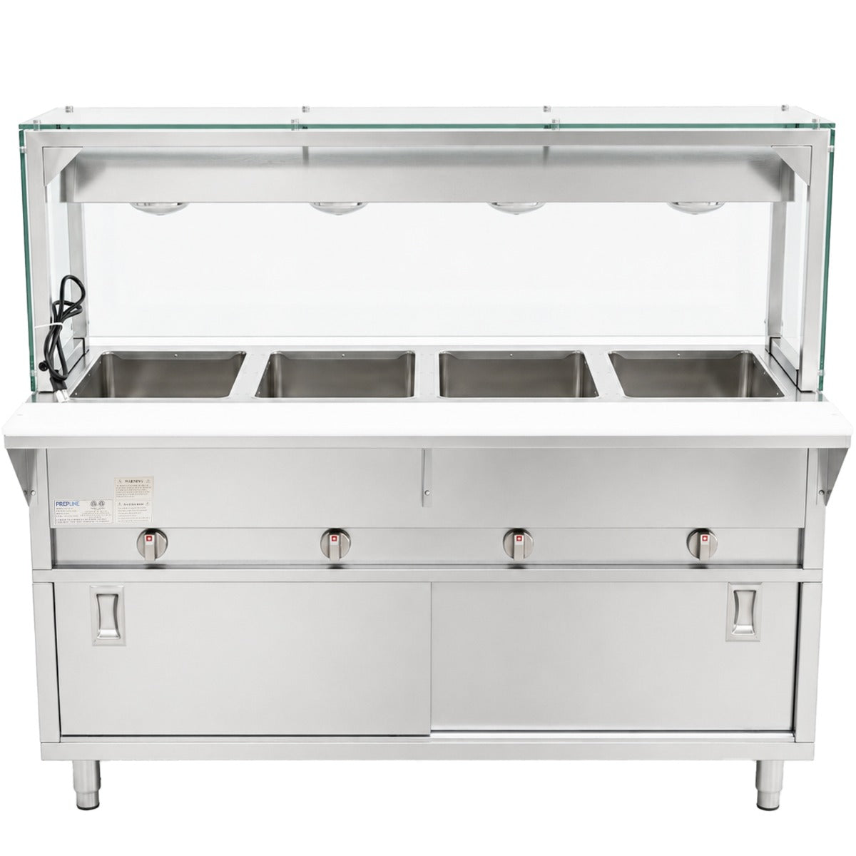 Prepline GSTC60-4S-LT gas steam table with lighted sneeze guard, front view
