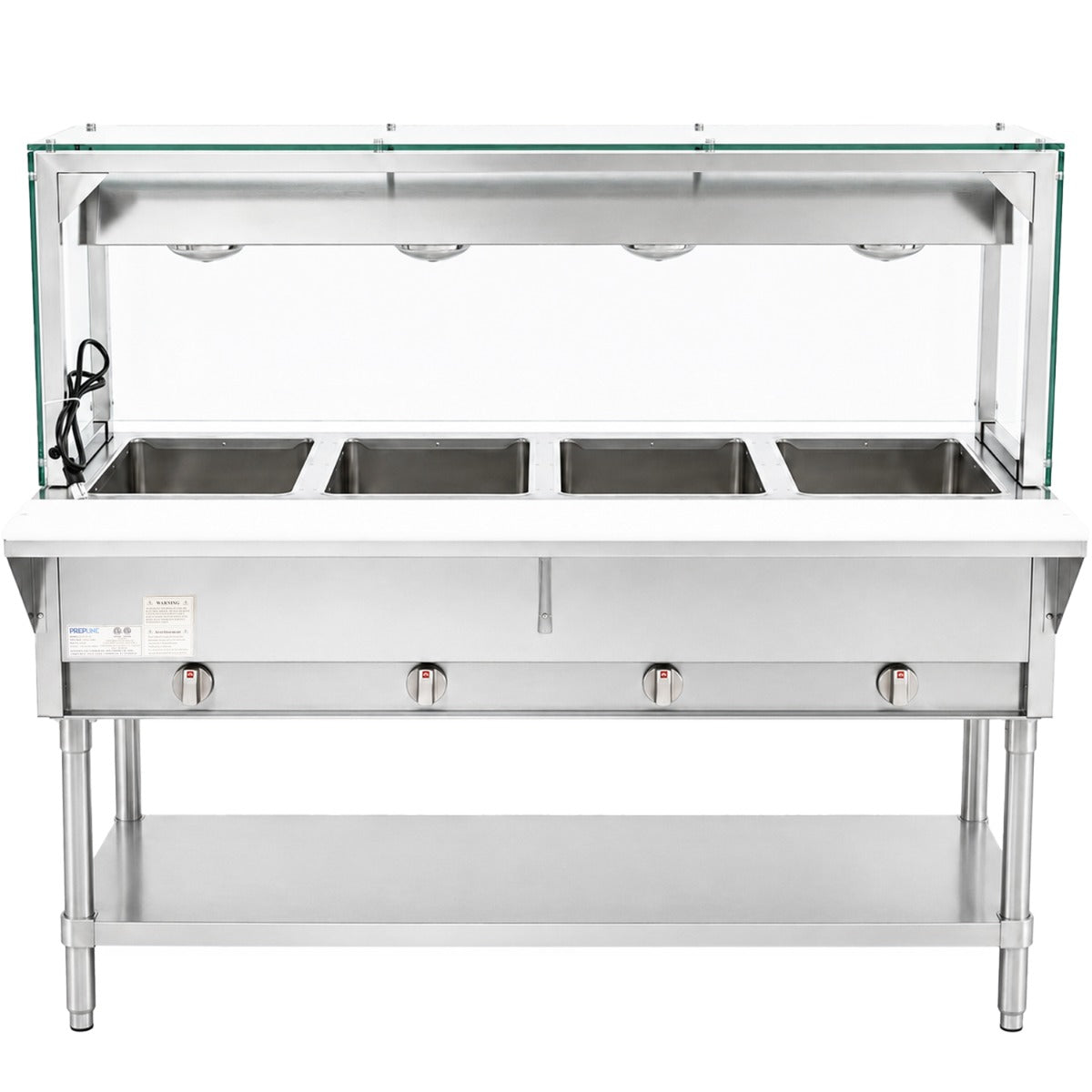 Prepline GST60-4O-LT gas steam table with lighted sneeze guard, front view