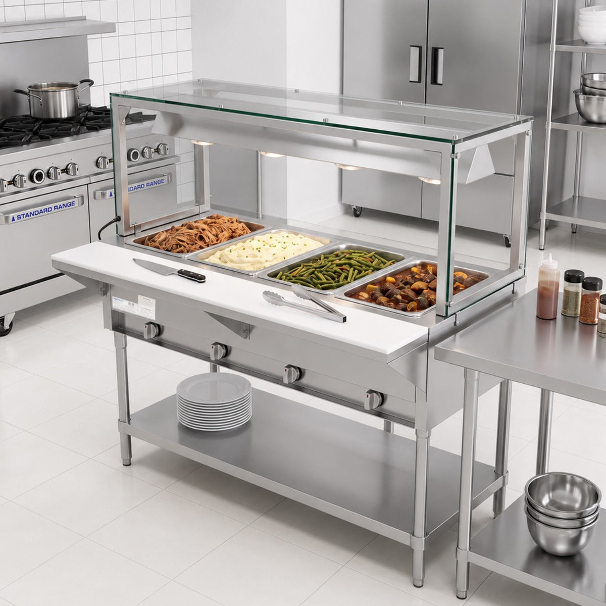 Prepline GST60-4O-LT gas steam table with lighted sneeze guard, in a commercial kitchen with food pans