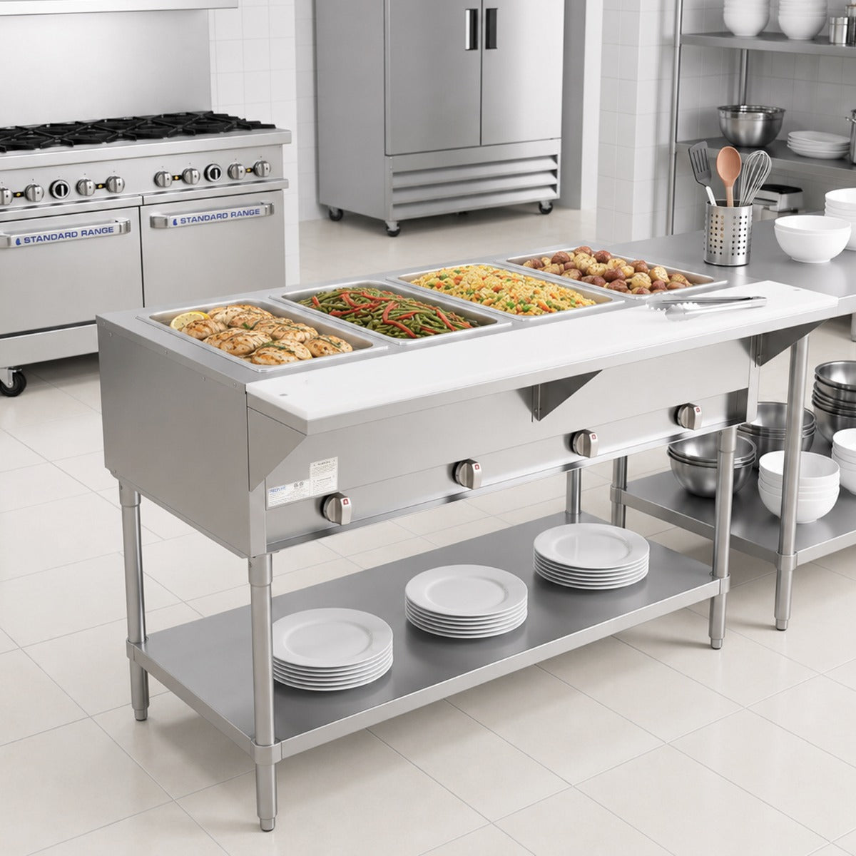Prepline GST60-4O gas steam table, holding food in a commercial kitchen