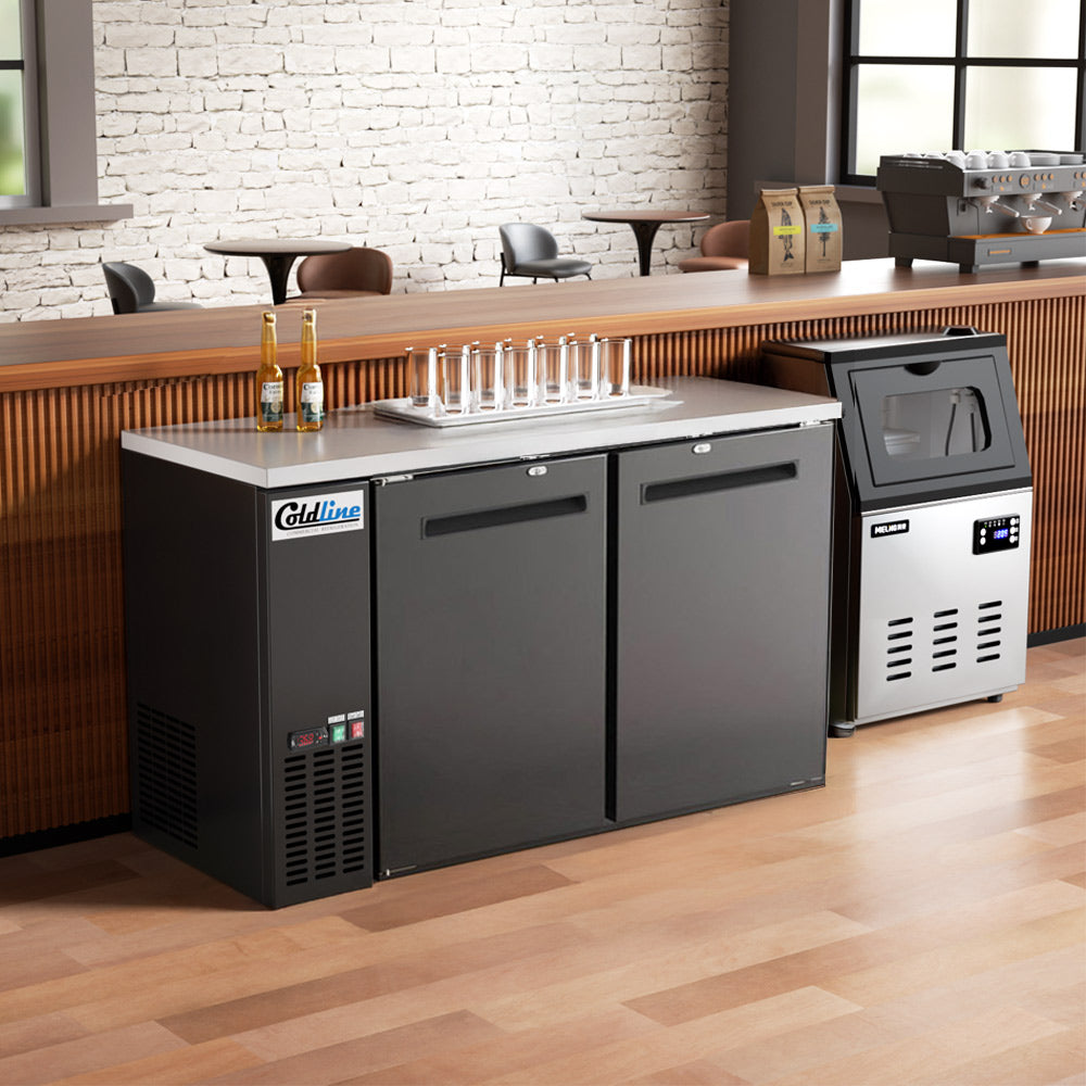 Coldline CBB-60 black 2-door back bar cooler, installed under a bar counter (representative image)