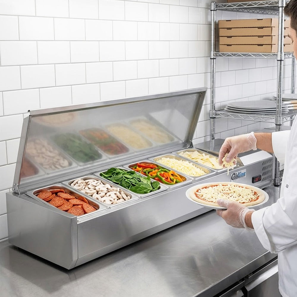 Coldline CTP60SS refrigerated countertop salad bar, in use at a pizza prep counter (representative image)