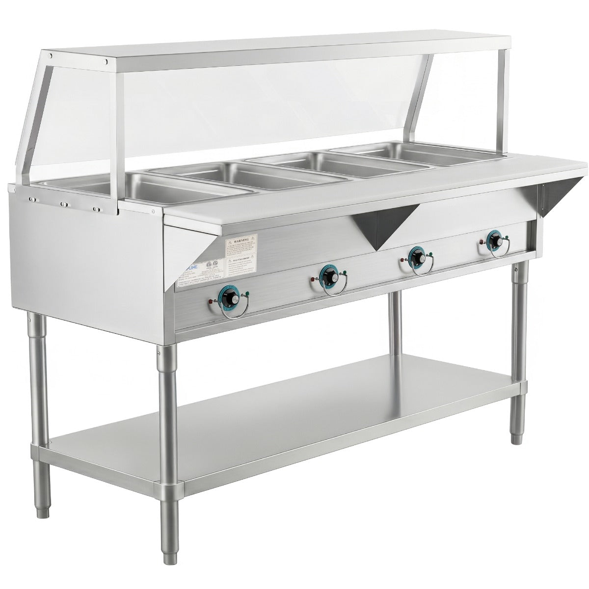 Prepline EST60-4O-SG-110 electric steam table with sneeze guard, angled front view