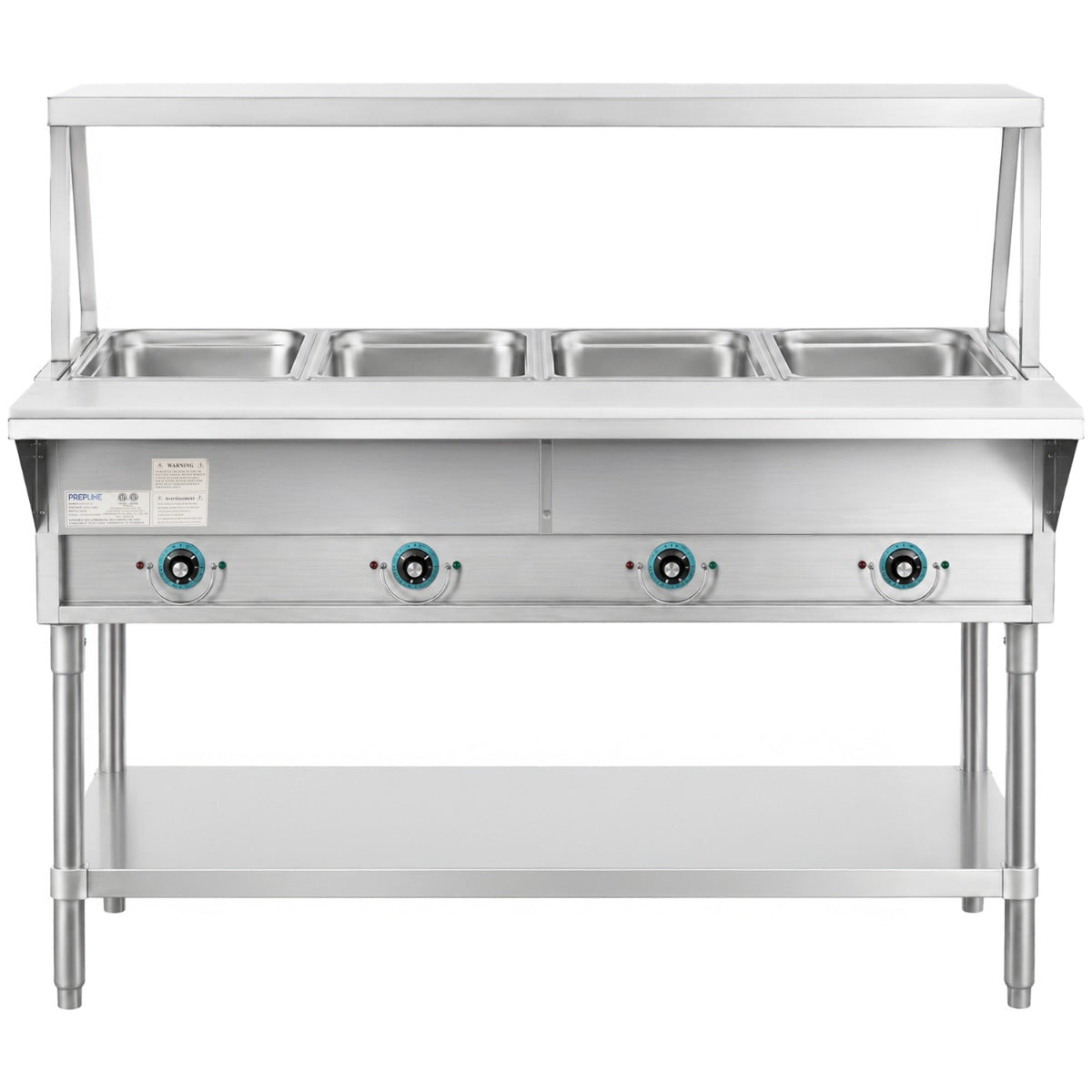 Prepline EST60-4O-SG-110 electric steam table with sneeze guard, front view
