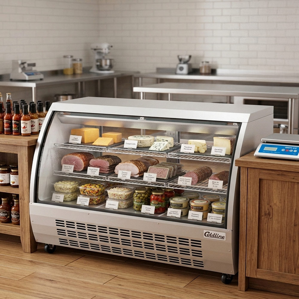 Coldline DC64-SS curved glass refrigerated deli display case, stocked with deli meats and cheeses in a deli