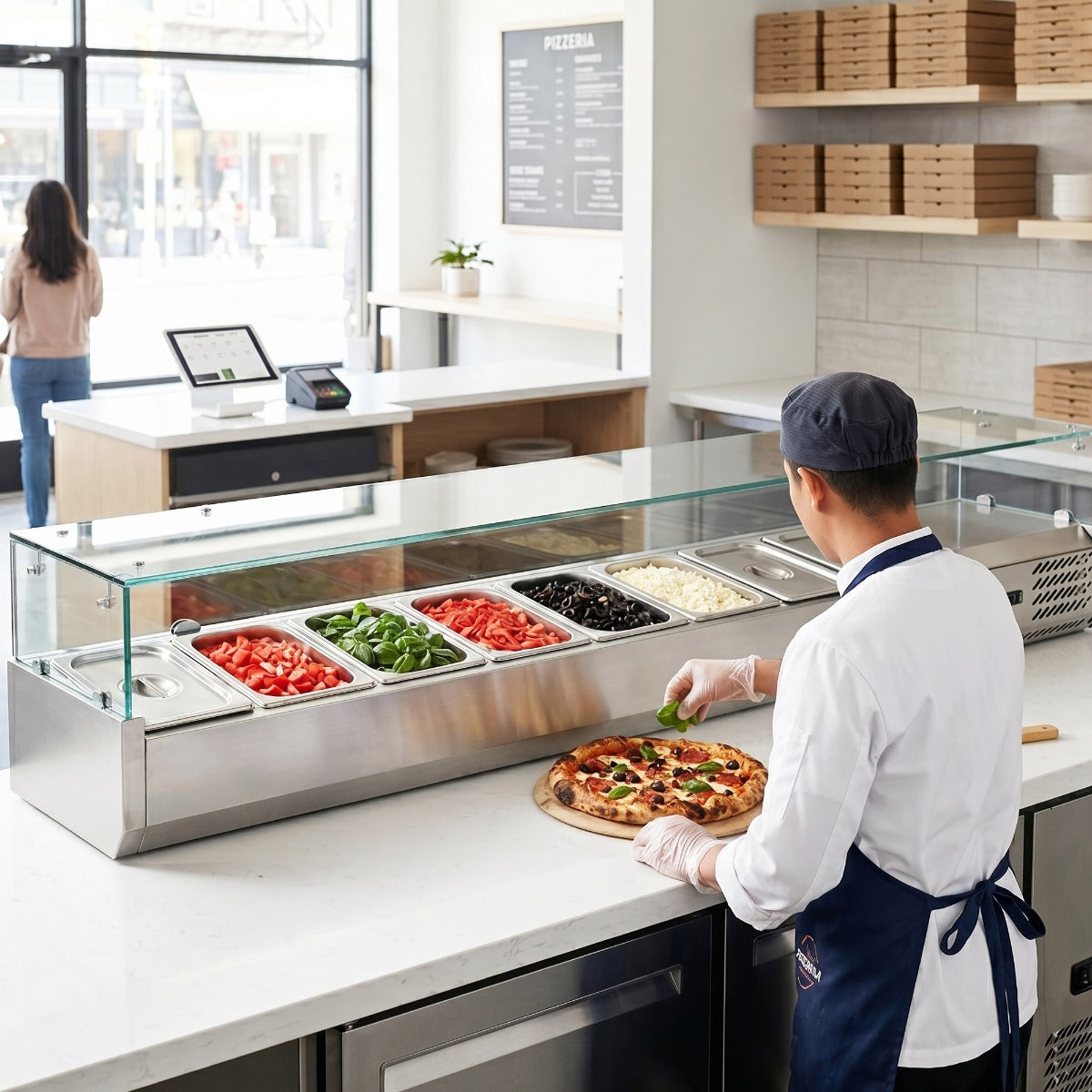Coldline CTP70SG refrigerated countertop salad bar, in use at a pizza prep counter (representative image)