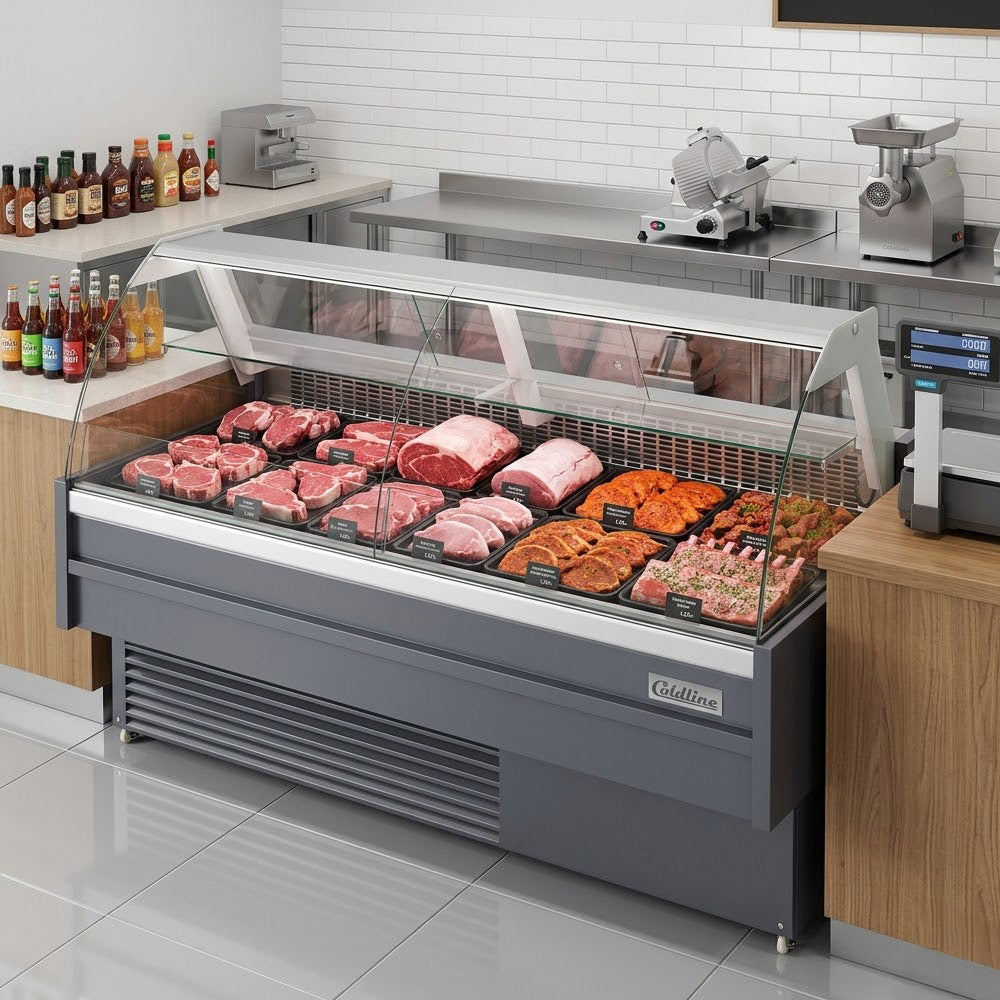 Coldline SDC72 curved glass meat deli case, displaying meat (representative image)
