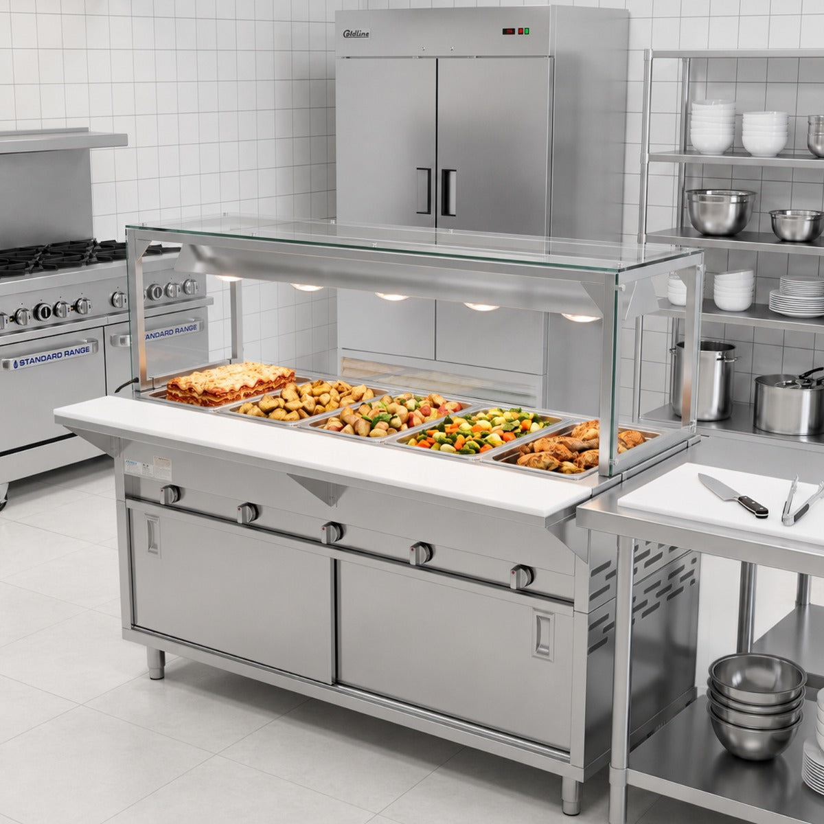 Prepline GSTC74-5S-LT gas steam table with lighted sneeze guard, holding food pans in a kitchen