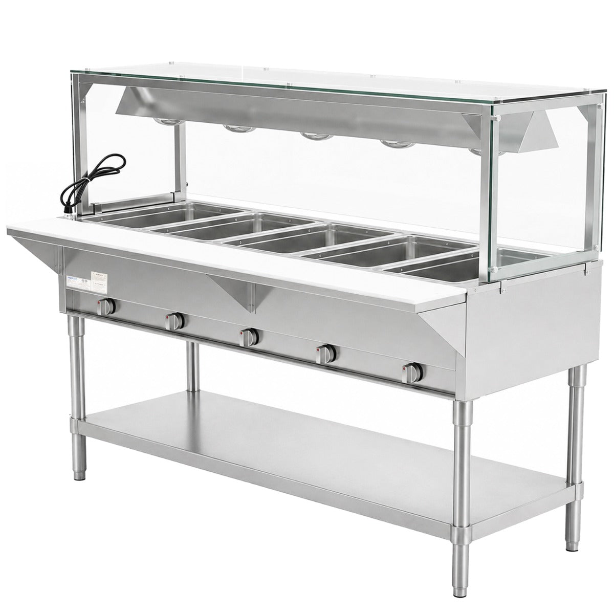 Prepline GST74-5O-LT gas steam table with lighted sneeze guard, angled view