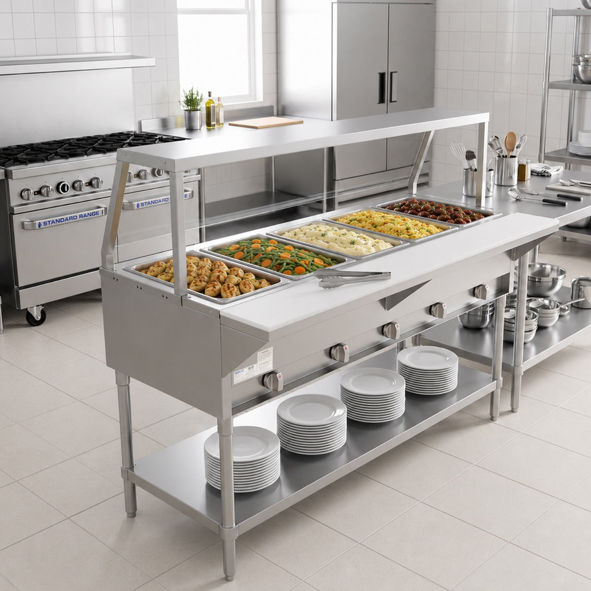 Prepline GST74-5O-SG gas steam table with sneeze guard, in a commercial kitchen with food pans