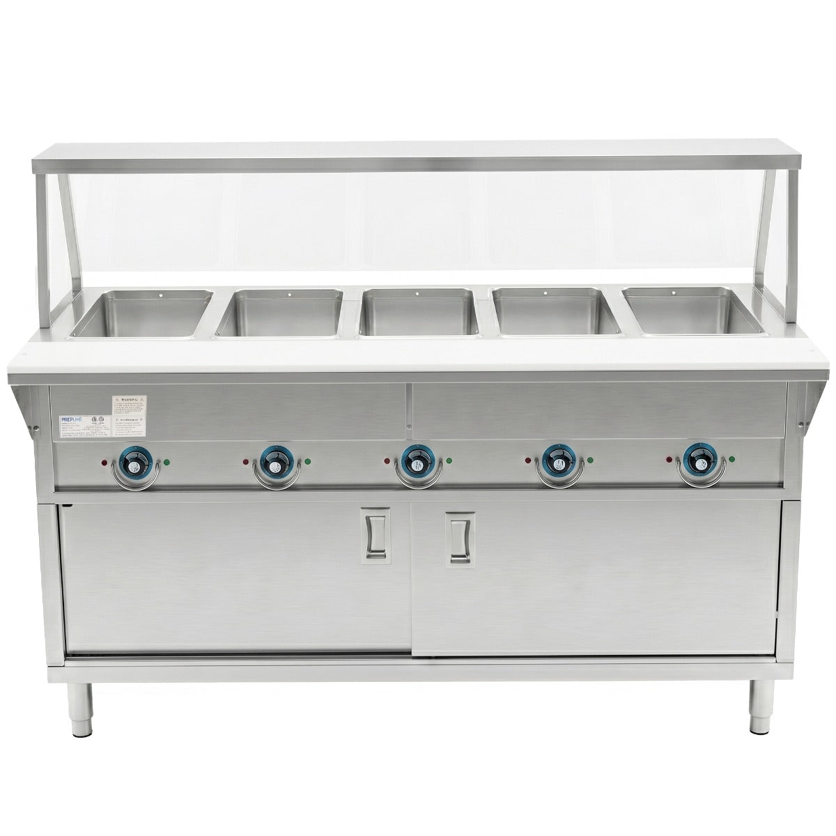 Prepline ESTC74-5O-SG electric steam table with sneeze guard, front view