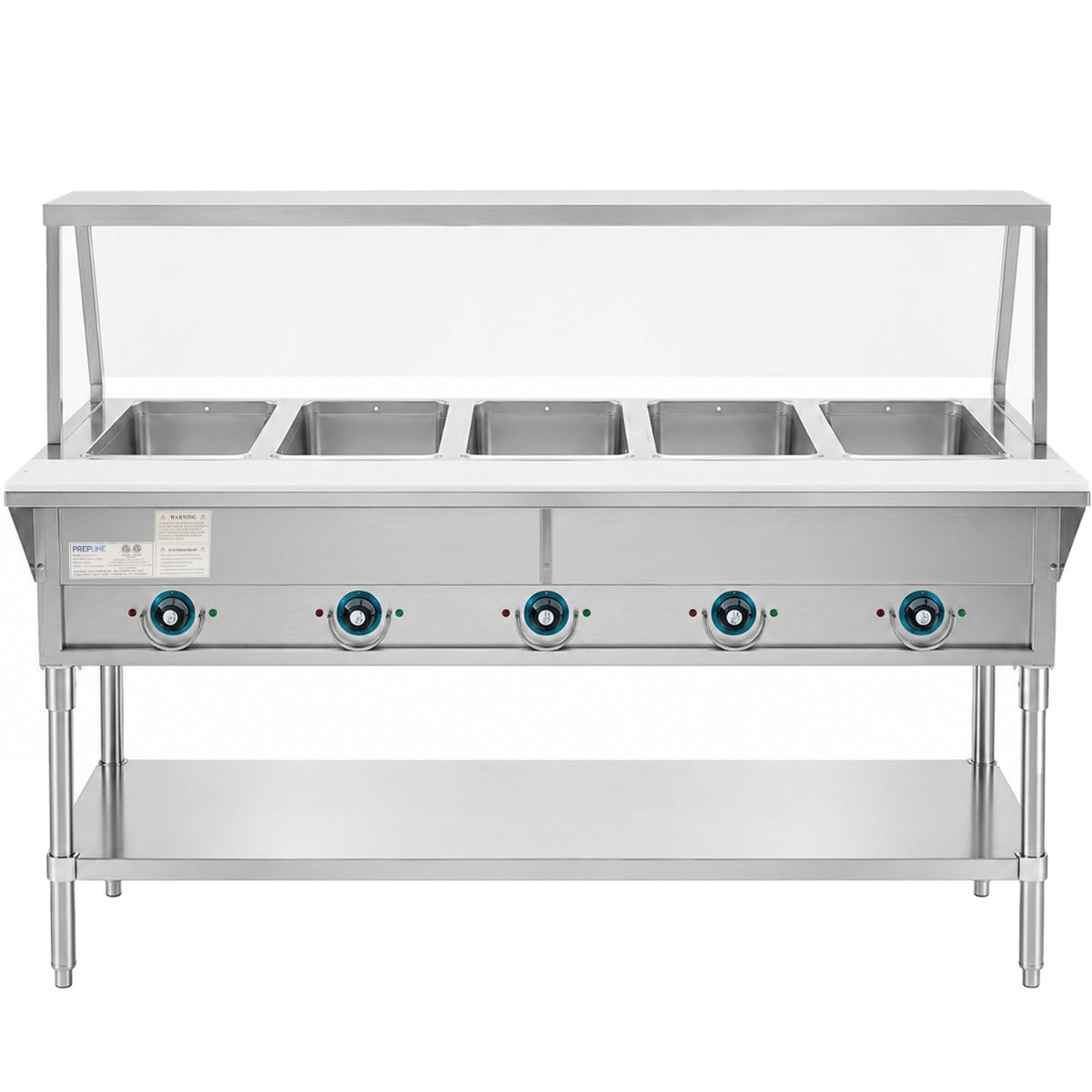 Prepline EST74-5O-SG electric steam table with sneeze guard, front view