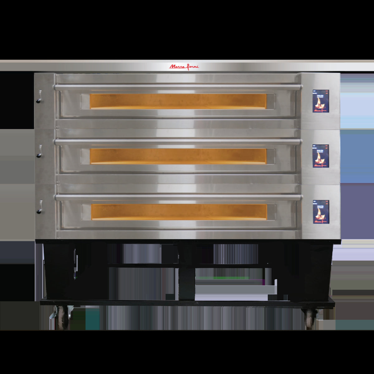 Marra Forni ELST73-36/3 three-deck electric pizza oven on black stand with casters, front view