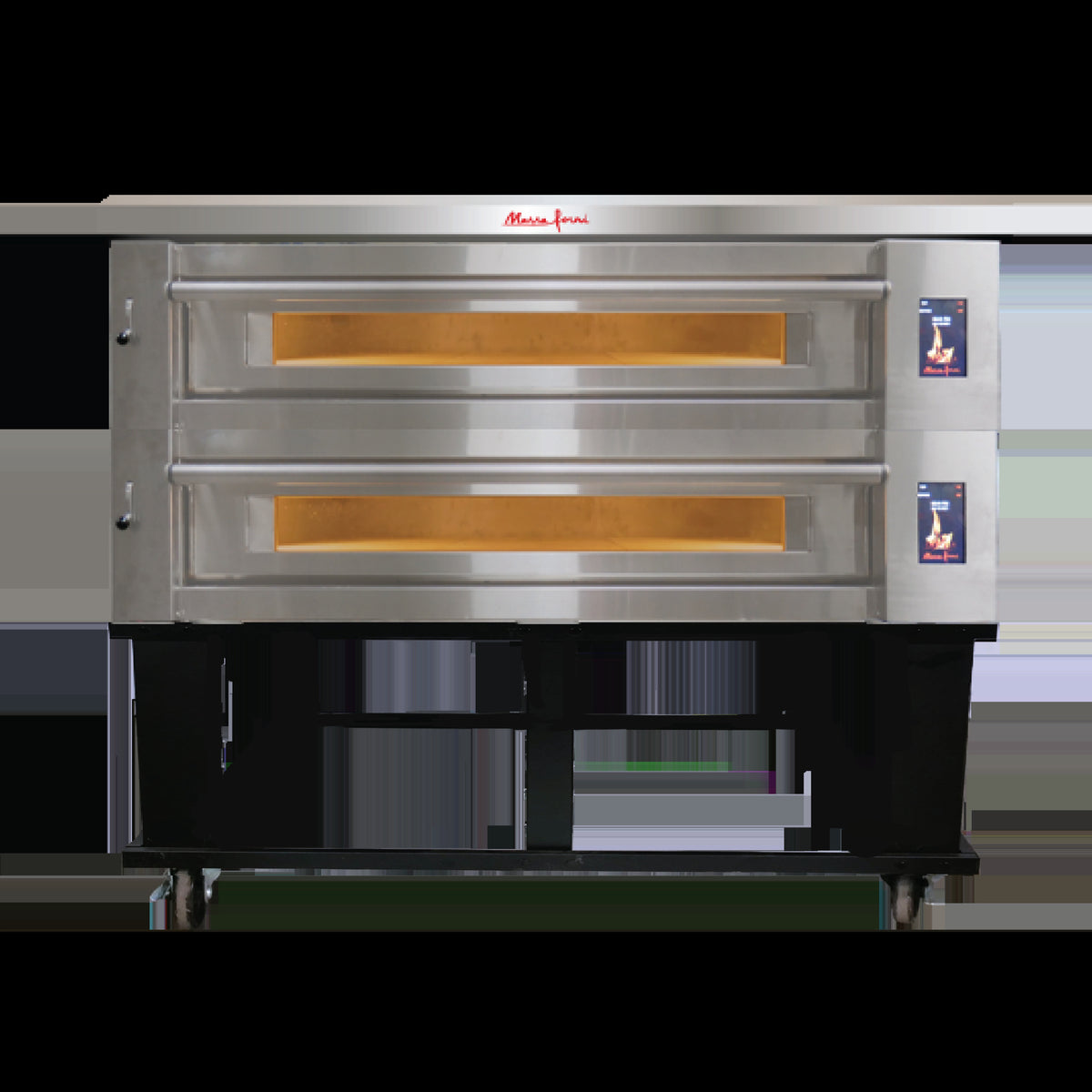 Marra Forni ELST73-44/2 two-deck electric pizza oven on black stand with casters, front view