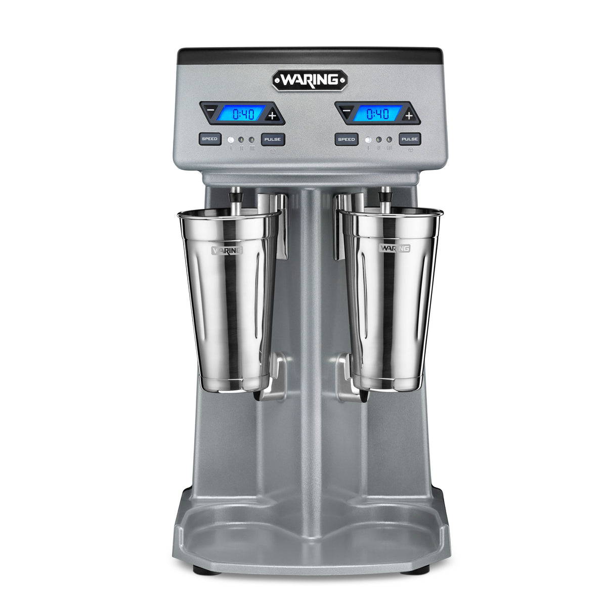 Waring WDM240TX double-spindle drink mixer with two stainless steel malt cups, gray housing with two LCD timers, front view