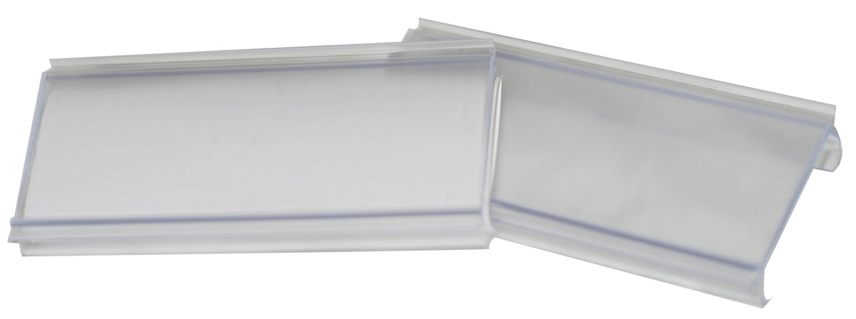 Serv-Ware ABM3 3 inch clear wire shelving label holders, two shown side by side