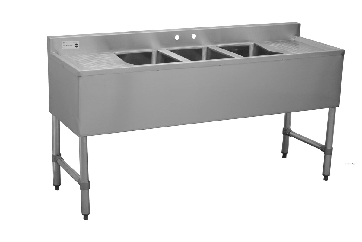Serv-Ware stainless underbar sink with left and right drainboards, representative photo of the 3-bowl 72 inch model (BAR4B72-LR-CWP-V has 4 bowls)