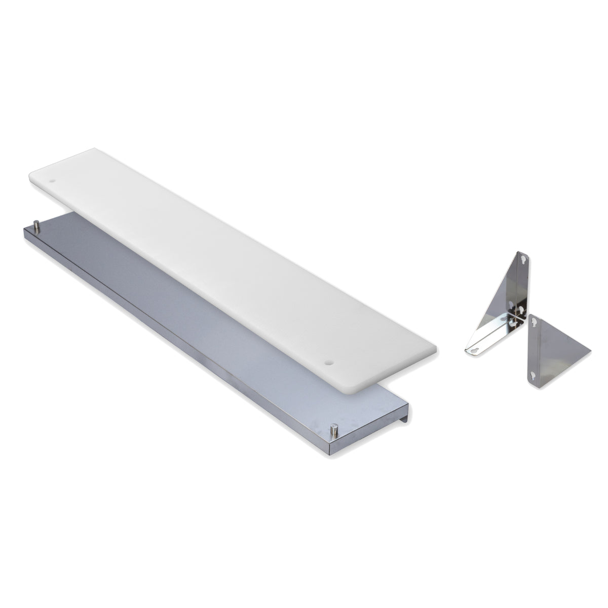 Serv-Ware cutting board kit parts: white cutting board, stainless steel shelf and two support brackets
