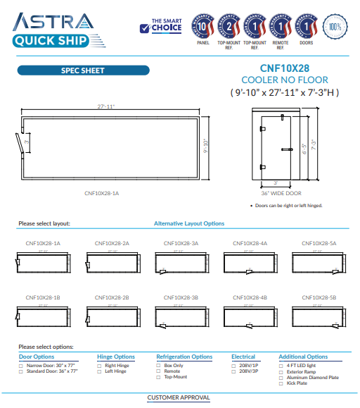 Astra 10 x 28 Walk-In Cooler No Floor CNF10X28