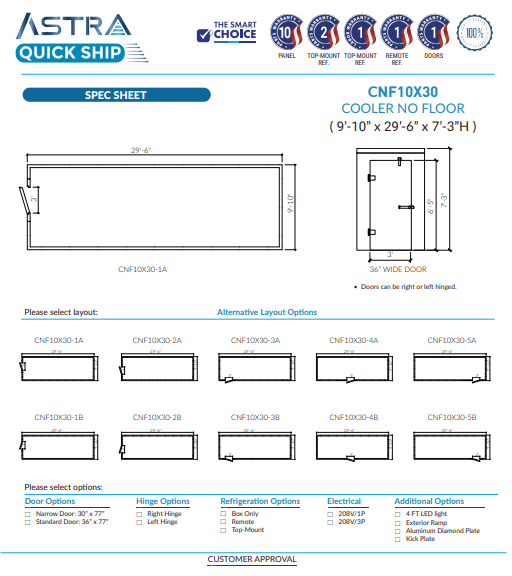 Astra 10 x 30 Walk-In Cooler No Floor CNF10X30