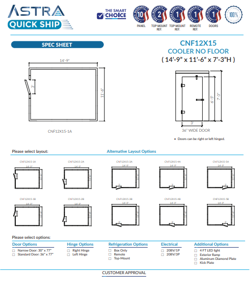 Astra 12 x 15 Walk-In Cooler No Floor CNF12X15