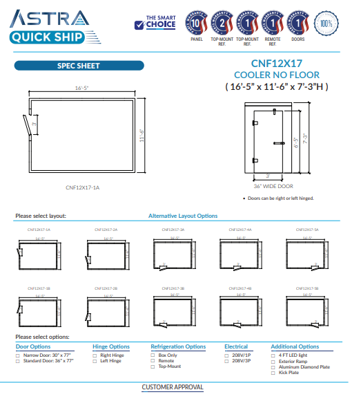 Astra 12 x 17 Walk-In Cooler No Floor CNF12X17