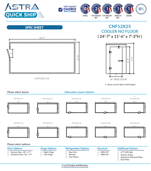 Astra 12 x 25 Walk-In Cooler No Floor CNF12X25