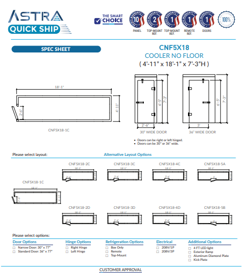 Astra 5 x 18 Walk-In Cooler No Floor CNF5X18