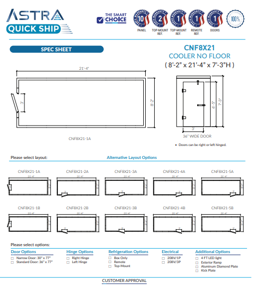 Astra 8 x 21 Walk-In Cooler No Floor CNF8X21