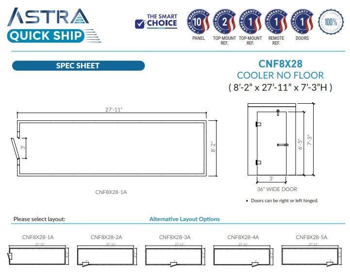 Astra 8 x 28 Walk-In Cooler No Floor With Remote Refrigeration CNF8X28-RM
