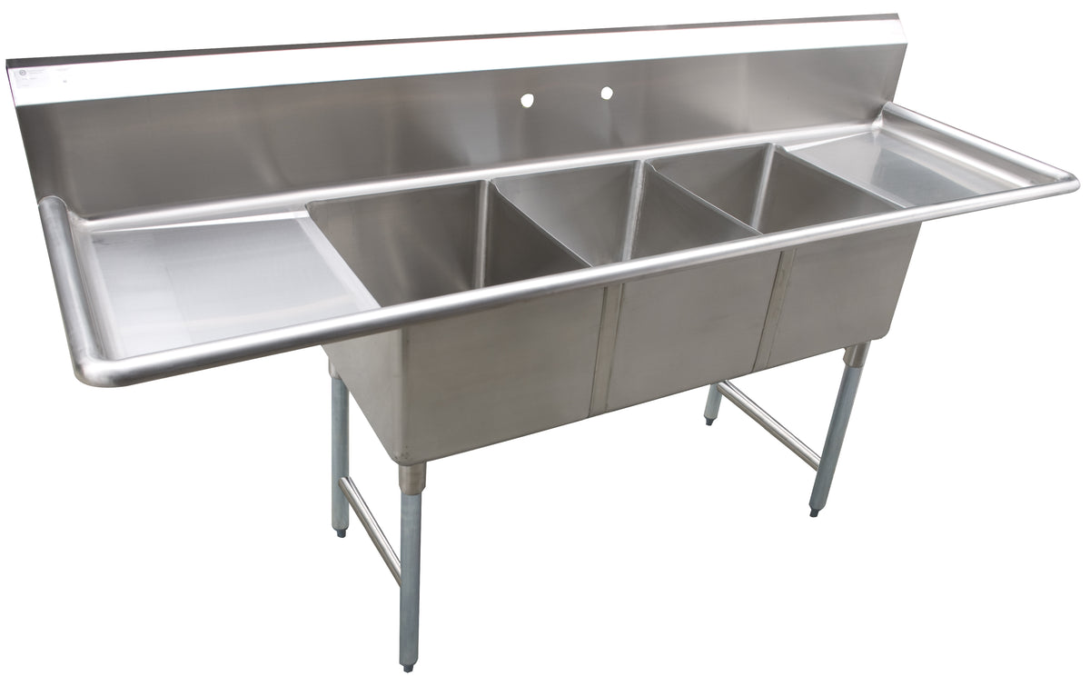 Serv-Ware 12 inch deep economy 3-compartment stainless sink, representative photo of the two-drainboard version (this model has no drainboards)