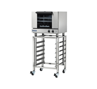 Moffat Turbofan SK23 stainless steel oven stand on casters, shown with an E22M3 half-size convection oven on top (oven not included), front angle view