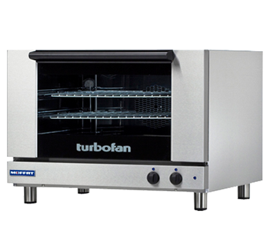 Moffat Turbofan E27M2 full-size manual electric convection oven, angled front view, door closed