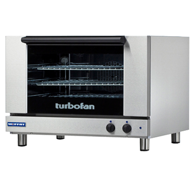 Moffat Turbofan E27M3 full-size manual electric convection oven, angled front view, door closed