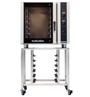 Moffat Turbofan SK35 stainless steel oven stand on casters, shown with an E35D6-26 full-size convection oven on top (oven not included), front view