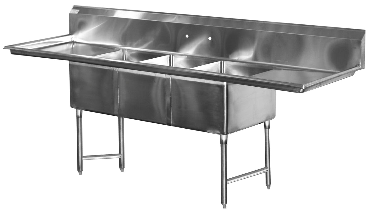 Serv-Ware E3CWP18242-24-V economy 3-compartment stainless steel sink with left and right drainboards