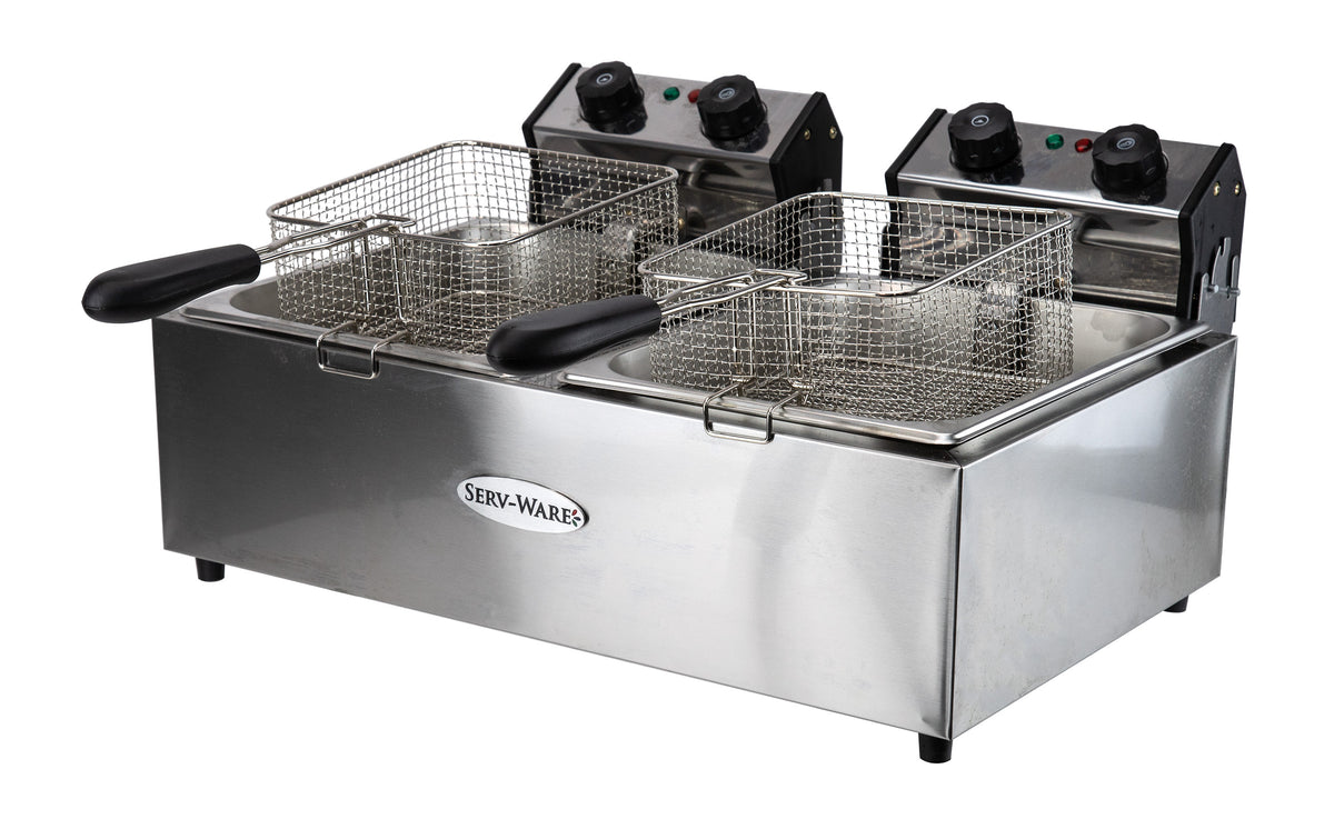 Serv-Ware EF-06L-2 double-tank countertop electric fryer with 2 baskets, front angle view