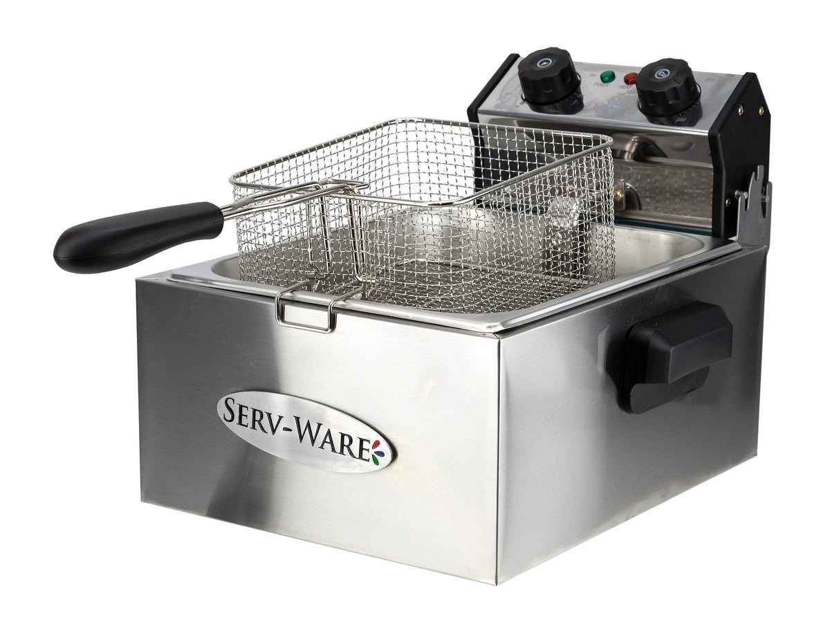 Serv-Ware EF-06L single-tank countertop electric fryer with basket, front angle view