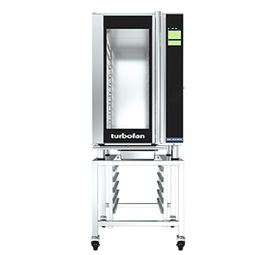 Moffat Turbofan SKEHT10 stainless steel stand with an EHT10-L holding cabinet on top (cabinet sold separately), front view